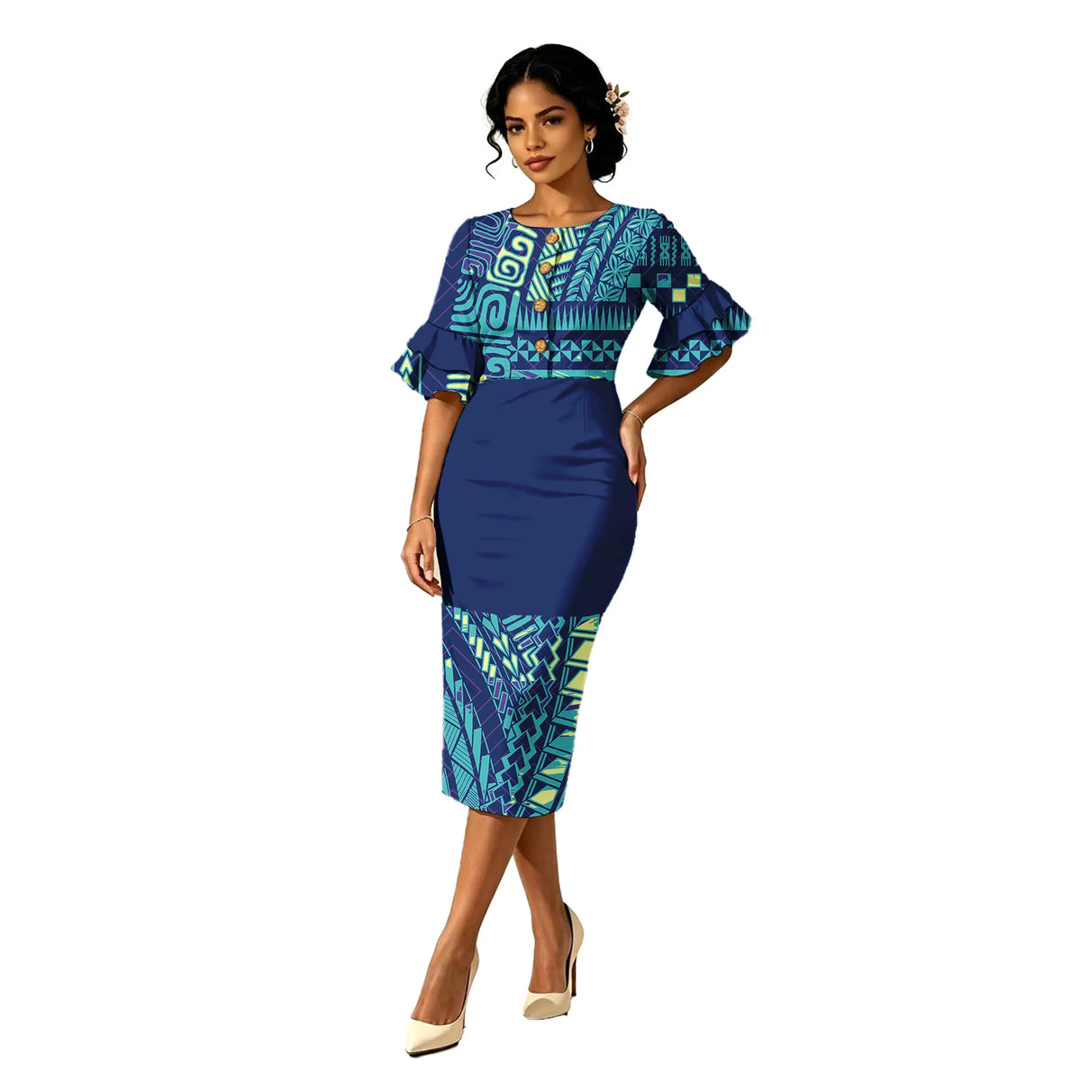 Plus Size Ladies Polynesian Classic Coconut Button Midi Wrap Dress Tribal Design Cascading Petal Sleeve Samoan Dress for Women