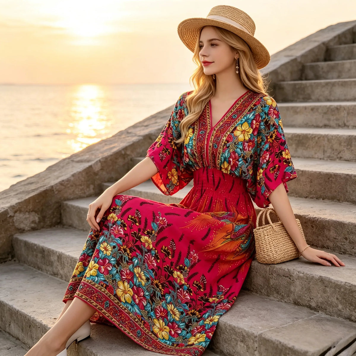 Plus Size Elegant Party Woman Midi Dresses Casual Retro Ethnic Style V-neck Tunic Large Swing Floral Printed Long Skirt Holiday