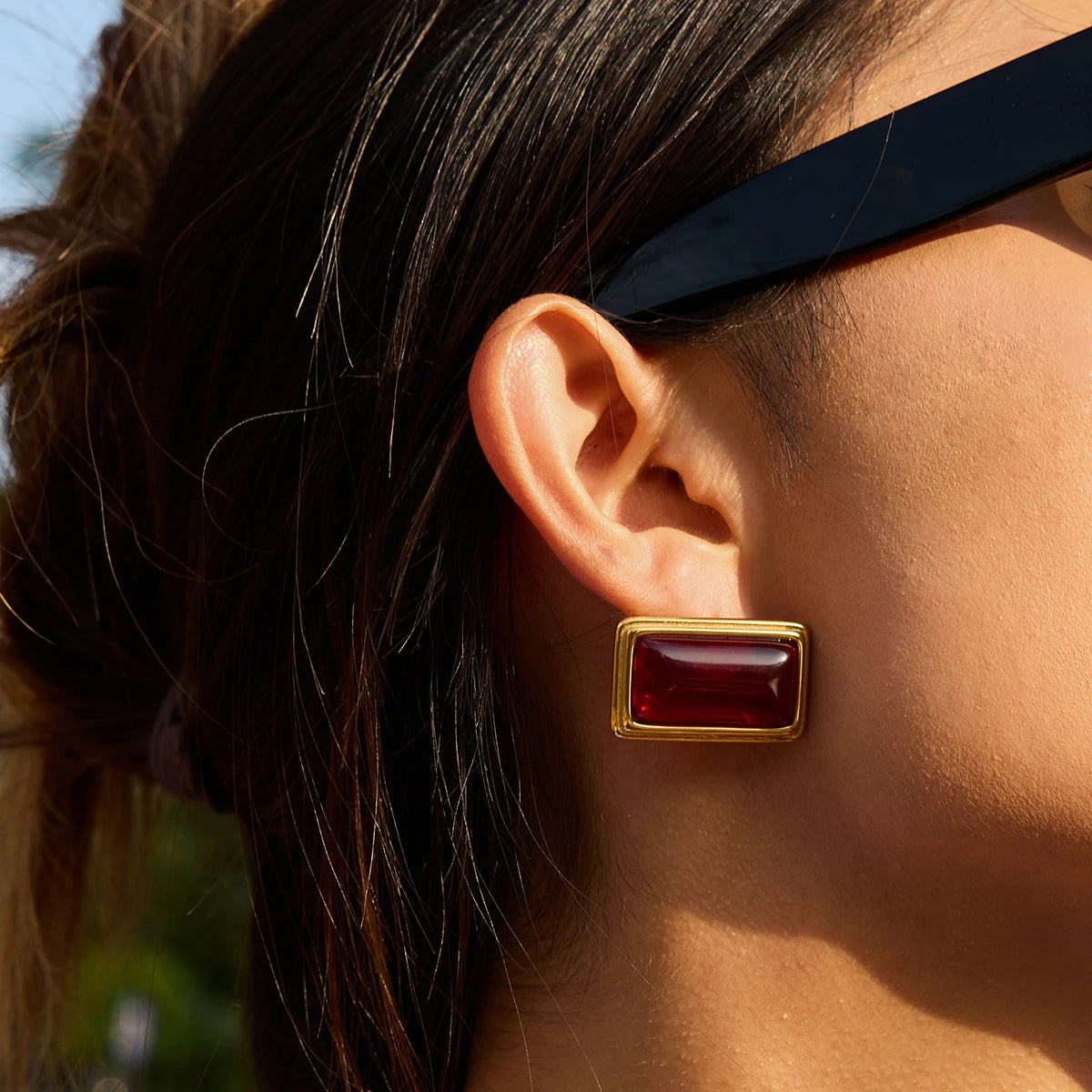 Uworld Classic Fashion 18K Gold Color Plated Red Agate Square Earrings Hypoallergenic Waterproof Stainless Steel Women Jewelry