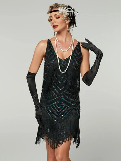 Flapper Roaring Plus Size 20s Great Lady Mini Short Dress Gatsby Fringed Sequin Beaded Lady Mini Tassels Decoration Dress Women