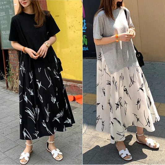 Plus Size XL- 5XL Female Vestidos 2025 Summer Casual Women Patchwork Dress Print Beach Style Ladies Dress Fake Two Piece Robe