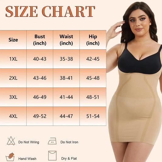 Plus Size Shapewear Dress for Women Tummy Control Open Bust Full Slip Under Dresses Body Shaper Slip Adjustable Strap New