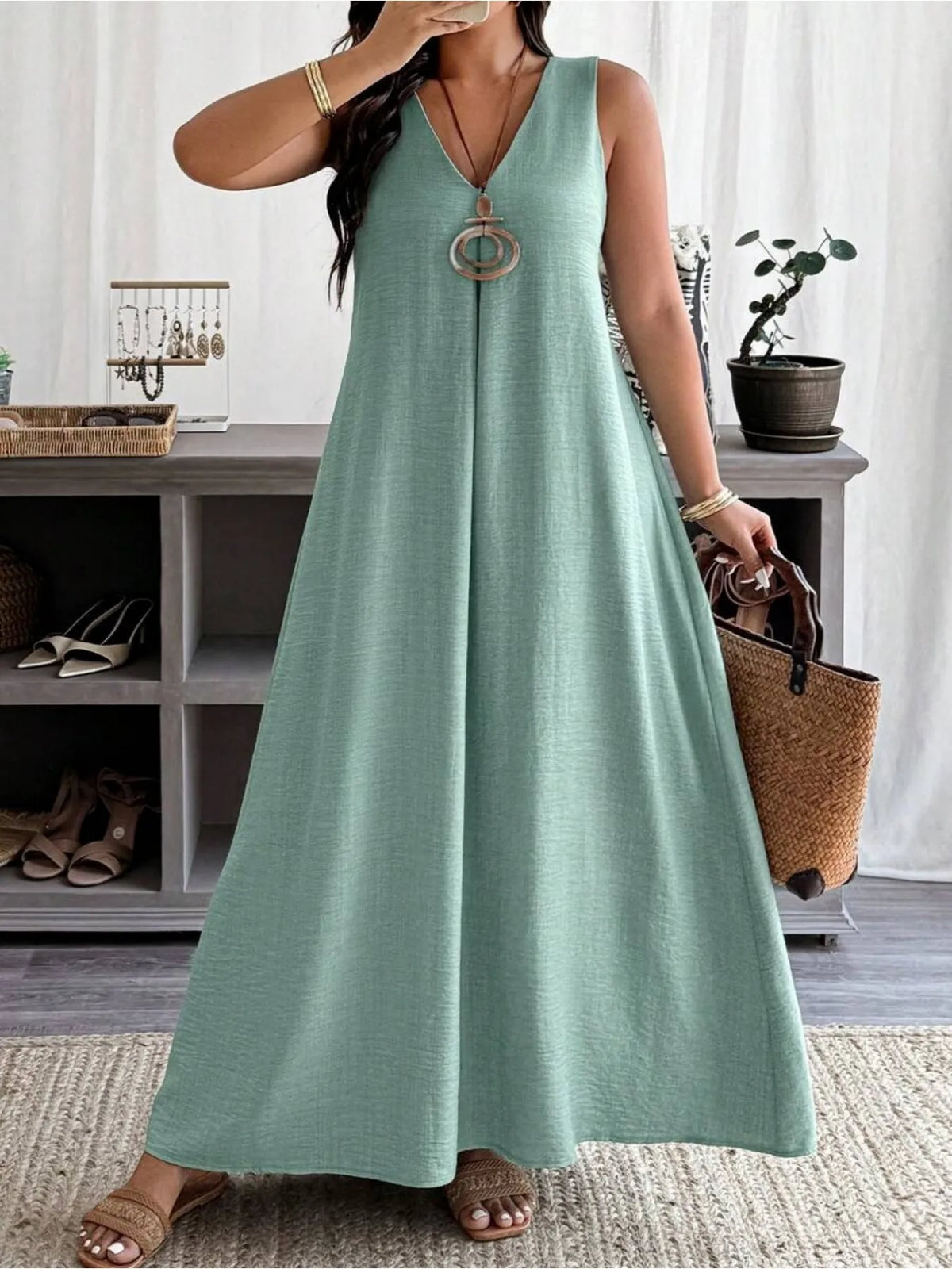 Plus-Size Maxi Dress - Sleeveless, V-Neck, A-Line & Loose Fit, Suitable For Vacation, Daily Wear & Office, Spring & S