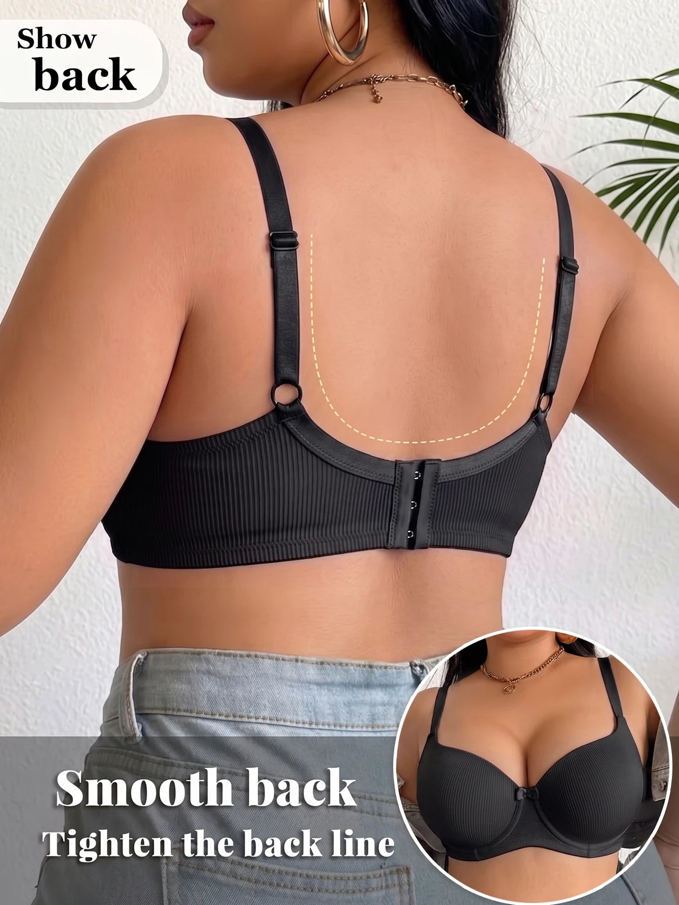 Plus Size Women Bra Thin Cup Underwire Side Gathering Push Up Bra Solid Ribbed Anti-Sagging Comfortable & Breathable Lingerie