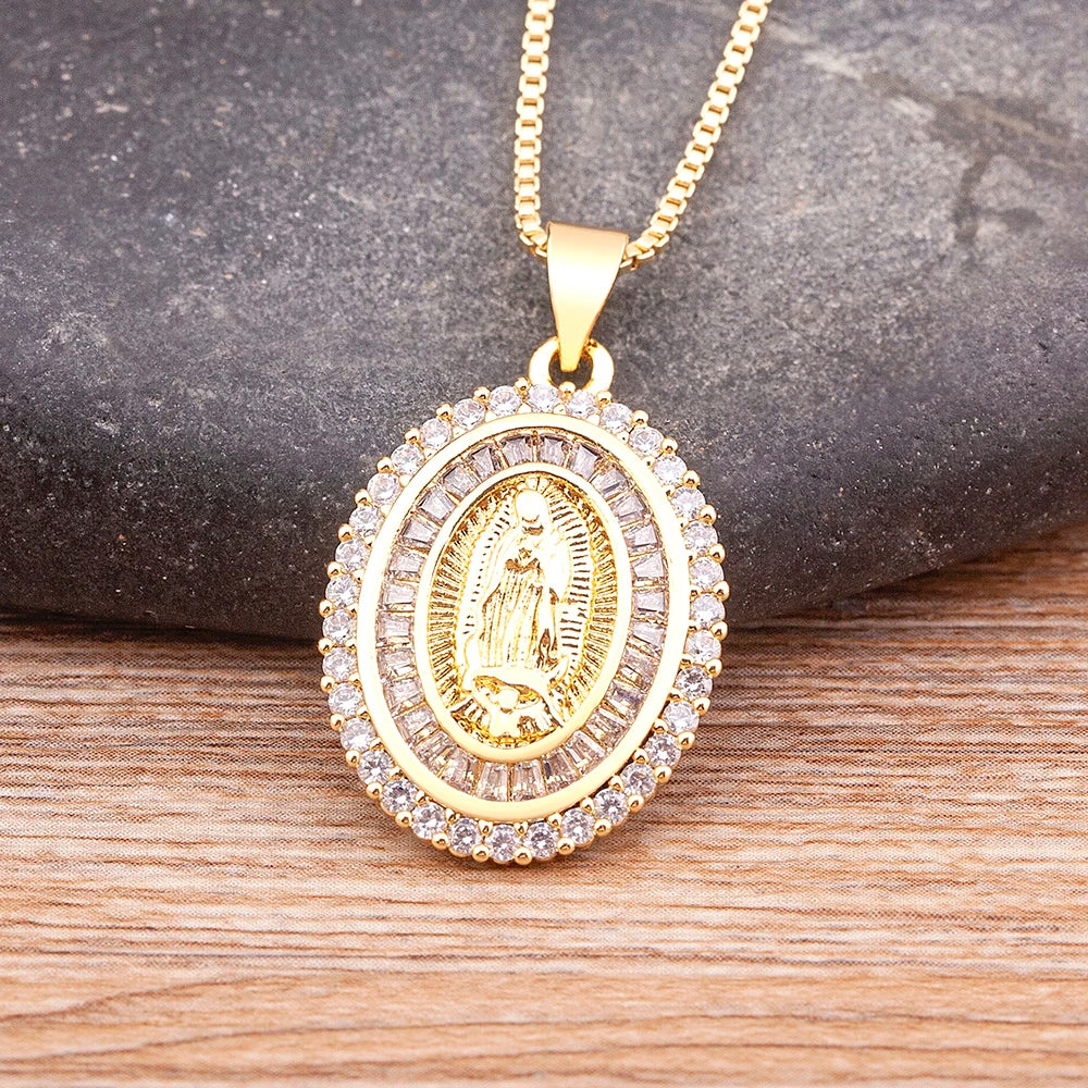 Nidin New Arrival Full Zircon Luxury Gold Plated Long Chain Virgin Mary Pendant Necklace For Women Men Charm Catholic Jewelry