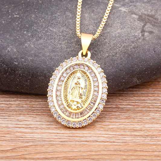 Nidin New Arrival Full Zircon Luxury Gold Plated Long Chain Virgin Mary Pendant Necklace For Women Men Charm Catholic Jewelry