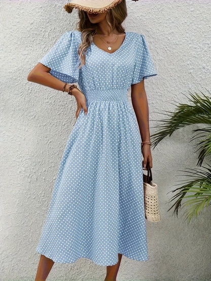 Plus Size 1XL-5XL Womens Summer V Neck Maxi Dress Short Sleeve Hollow Out Flowy Beach Dress Trendy Ruffle Hem A-Line Dresses