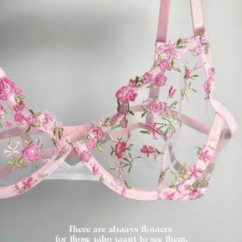European Women Alluring Sheer Lace Embroidery Underwire Bra, Big Bust Support Minimize Anti‑Sagging Soft Lingerie S‑XL  Bra Set