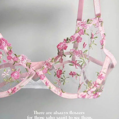 European Women Alluring Sheer Lace Embroidery Underwire Bra, Big Bust Support Minimize Anti‑Sagging Soft Lingerie S‑XL  Bra Set