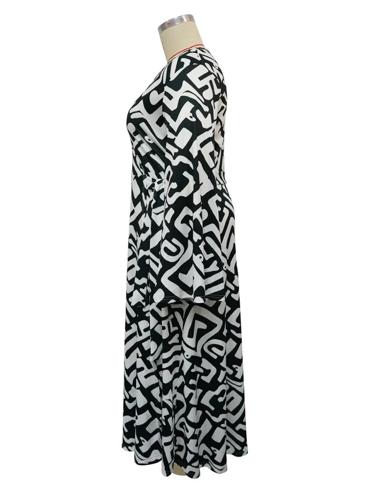 Plus Size Dresses for Women V Neck Elegant Lady Print Loose Sexy Flared  Long Sleeve Fall Maxi Dress Wholesale Dropshipping 2024