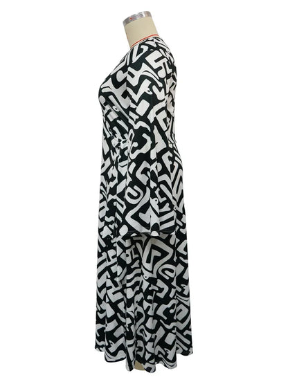Plus Size Dresses for Women V Neck Elegant Lady Print Loose Sexy Flared  Long Sleeve Fall Maxi Dress Wholesale Dropshipping 2024