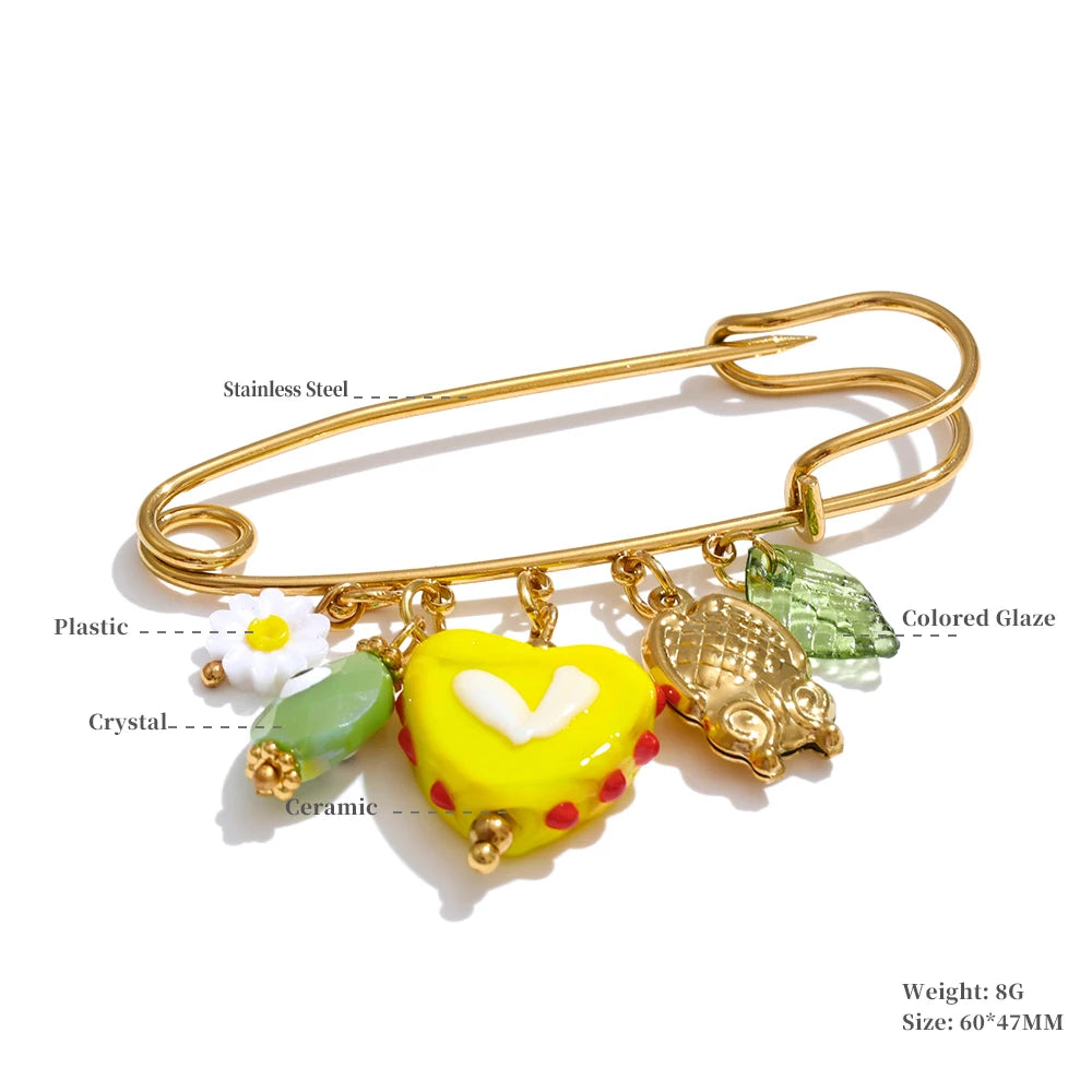 Yhpup 1Pcs Fashion Plastic Strawberry Fruit Heart Flower Shell Drop Charm Clasp Pin 18K Golden Plated Stainless Steel Jewelry