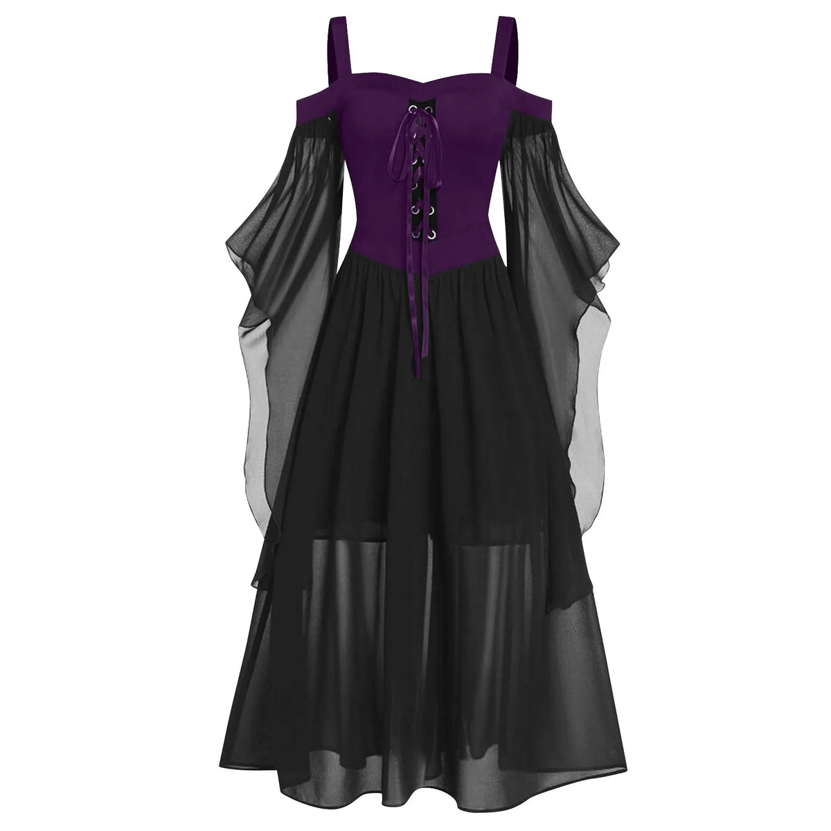 Womne Plus Size Halloween Dress Cold Shoulder Butterflies Sleeve Lace Up Gothic Style Costumes Retro Mesh Splicing Costume