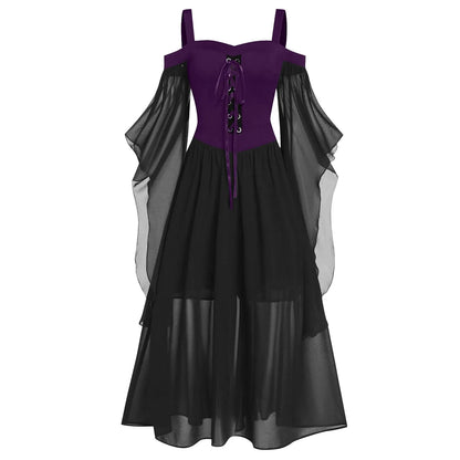 Womne Plus Size Halloween Dress Cold Shoulder Butterflies Sleeve Lace Up Gothic Style Costumes Retro Mesh Splicing Costume