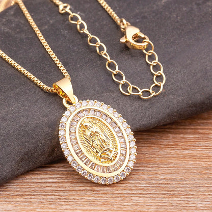 Nidin New Arrival Full Zircon Luxury Gold Plated Long Chain Virgin Mary Pendant Necklace For Women Men Charm Catholic Jewelry