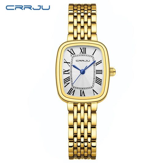 CRRJU Top Brand Gold Watches for Women with Small Vintage Bracelet, Rectangular Case Roman Dial