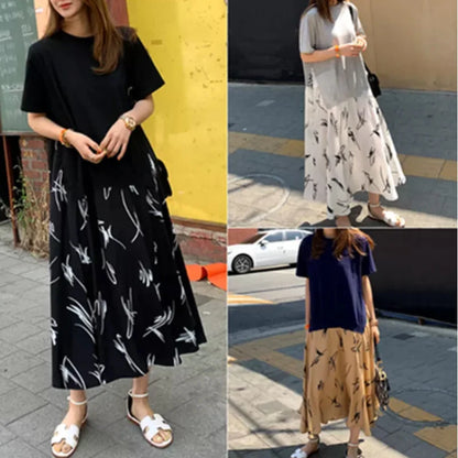 Plus Size XL- 5XL Female Vestidos 2025 Summer Casual Women Patchwork Dress Print Beach Style Ladies Dress Fake Two Piece Robe