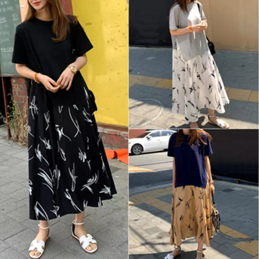 Plus Size XL- 5XL Female Vestidos 2025 Summer Casual Women Patchwork Dress Print Beach Style Ladies Dress Fake Two Piece Robe