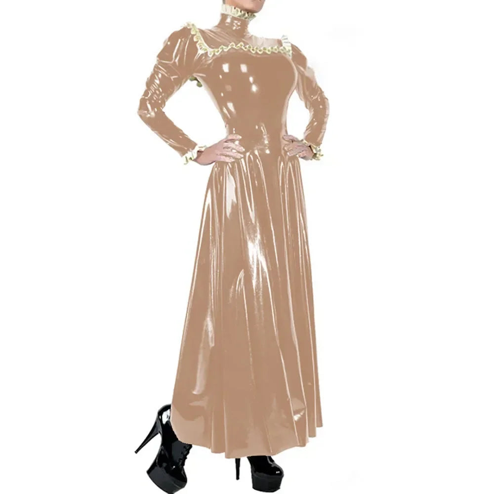 Plus Size Ladies Elegant Long Dress High Neck Ruched Trims Long Sleeved Vestidos Bodycon Back Zip Wetlook PVC Leather Ball Gowns