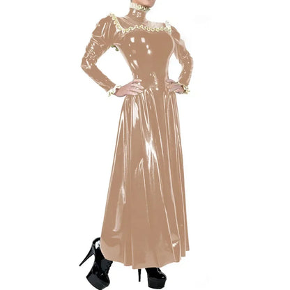 Plus Size Ladies Elegant Long Dress High Neck Ruched Trims Long Sleeved Vestidos Bodycon Back Zip Wetlook PVC Leather Ball Gowns