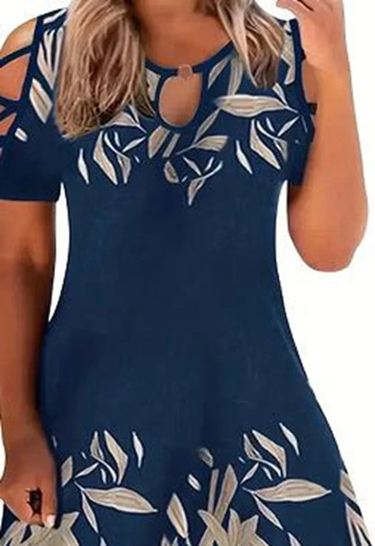 Women Fashion Plus Size 1XL-5XL Off The Shoulder Printed Short Sleeve Dress Ladies Elegant Knee Length Dress