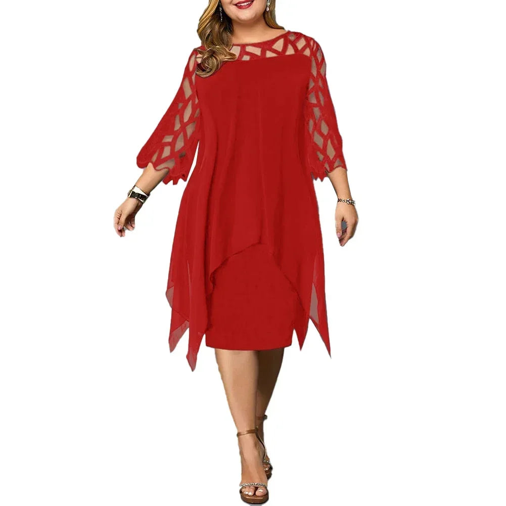 Elegant Women Party Dress Plus Size Evening Dresses Hollow Out Lace Sleeve Monochrome Irregular Hem Chiffon Dress