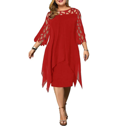 Elegant Women Party Dress Plus Size Evening Dresses Hollow Out Lace Sleeve Monochrome Irregular Hem Chiffon Dress