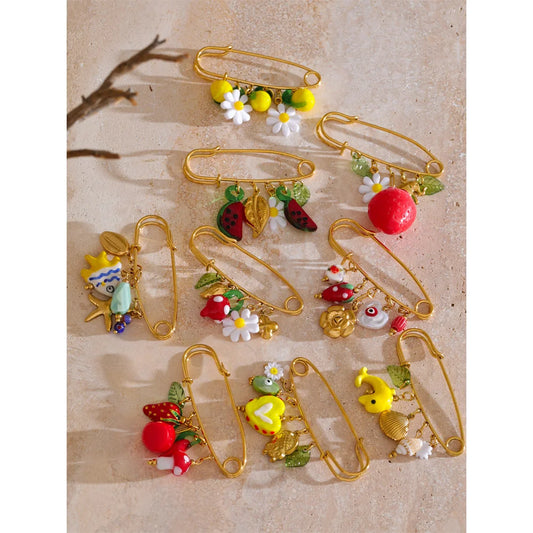 Yhpup 1Pcs Fashion Plastic Strawberry Fruit Heart Flower Shell Drop Charm Clasp Pin 18K Golden Plated Stainless Steel Jewelry