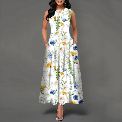 Women Plus Size Casual Retro Long Dress with Pockets Floral Print Swing Dress