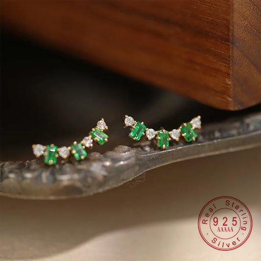 925 Sterling Silver Emerald Zircon Earring Gold Plated Vintage Style Ear Stud, Elegant Statement Jewelry for Women