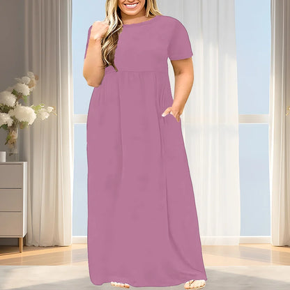 2024 New Women's Plus Size Casual Summer Dress - A-Line Short Sleeve Round Neck Maxi Dress, Machine Washable Solid Color Breatha