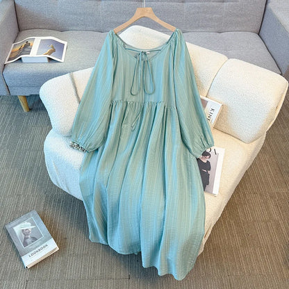 150Kg Plus Size Women's Bust 151 Autumn Solid Color Strap Casual Style Square Neck Long Sleeved Dress 5XL 6XL 7XL 8XL 9XL