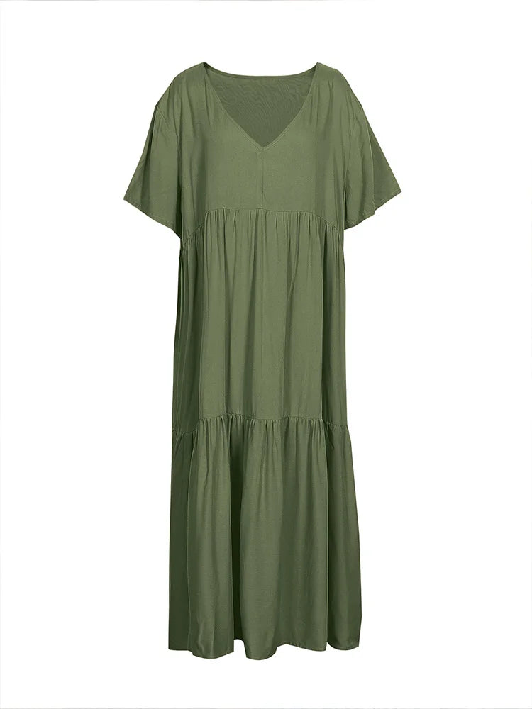 plus Size Women's V Neck Casual Dress Irregular Hem Swing Maxi Long Dress Flowy Elegant Gown for All Seasons