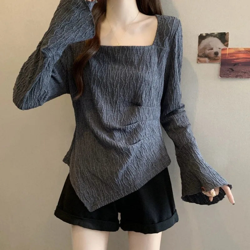 Plus Size Women Autumn Square Neck Long Sleeve Top Flare Sleeve Textured Slim Fit Undershirt T Shirt for Curvy Girls