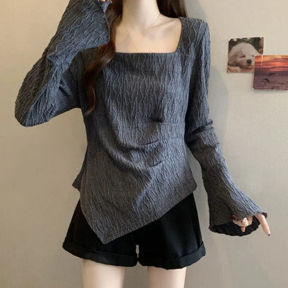 Plus Size Women Autumn Square Neck Long Sleeve Top Flare Sleeve Textured Slim Fit Undershirt T Shirt for Curvy Girls