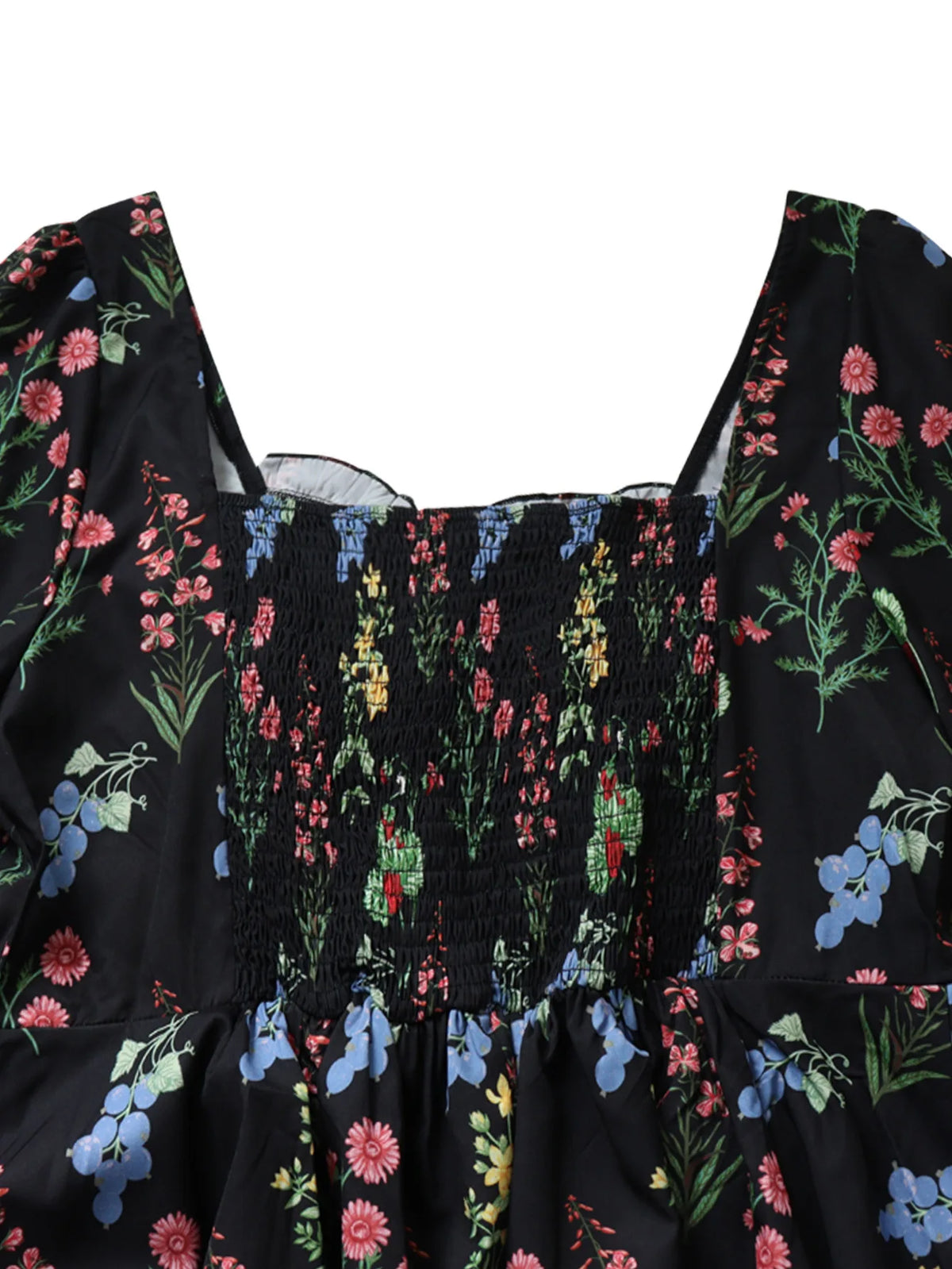 Women Plus Size Mini Dress Black Floral Square Neck Tie Front Puff Sleeve Ruffle Skater Dress Fall Casual Short Dress Daily Wear