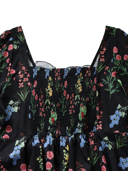Women Plus Size Mini Dress Black Floral Square Neck Tie Front Puff Sleeve Ruffle Skater Dress Fall Casual Short Dress Daily Wear