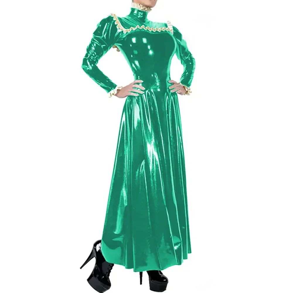 Plus Size Ladies Elegant Long Dress High Neck Ruched Trims Long Sleeved Vestidos Bodycon Back Zip Wetlook PVC Leather Ball Gowns