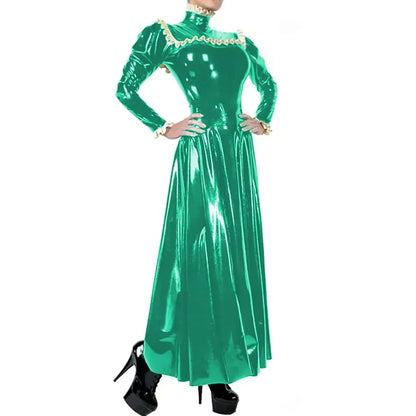 Plus Size Ladies Elegant Long Dress High Neck Ruched Trims Long Sleeved Vestidos Bodycon Back Zip Wetlook PVC Leather Ball Gowns