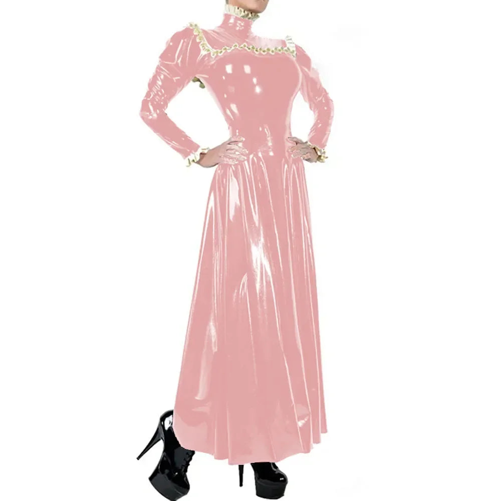 Plus Size Ladies Elegant Long Dress High Neck Ruched Trims Long Sleeved Vestidos Bodycon Back Zip Wetlook PVC Leather Ball Gowns