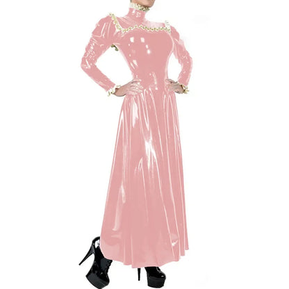 Plus Size Ladies Elegant Long Dress High Neck Ruched Trims Long Sleeved Vestidos Bodycon Back Zip Wetlook PVC Leather Ball Gowns
