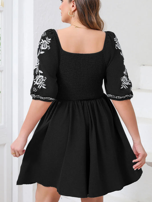 Women's Plus-Size Elegant Embroidered Dress – V-Neck, Half-Sleeve, Flowy Short Dress
