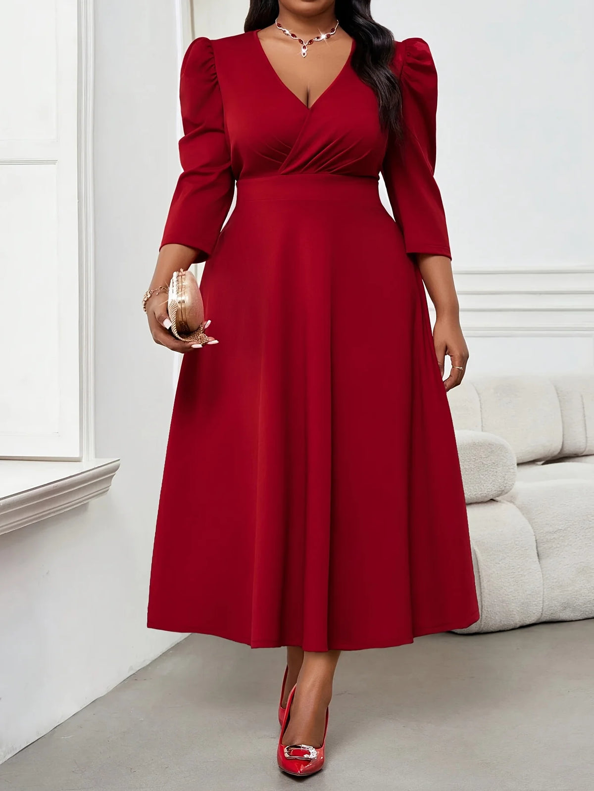 Plus Size Elegant Women Red Dress 2026 3/4 Sleeve High Waist A-Line Autumn Spring Office Lady Party Maxi Dress