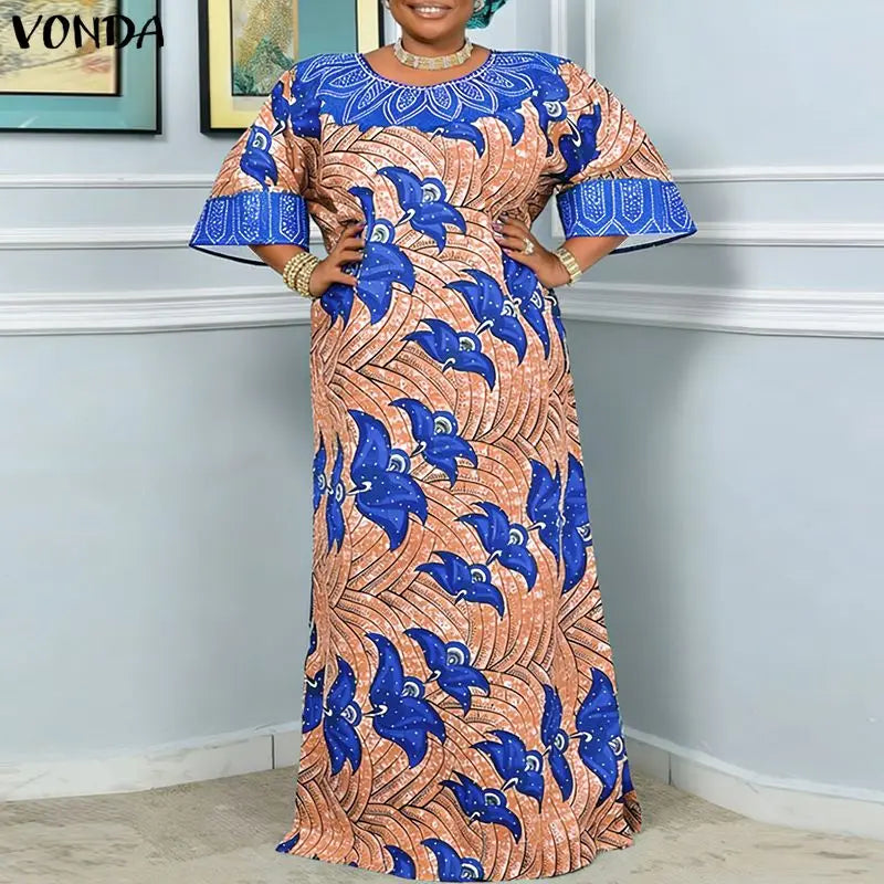Plus Size 5XL VONDA Bohemian Print Maxi Dresses Women Vintage Long Vestidos Casual Holiday Party Robe 3/4 Sleeve Curve Sundress
