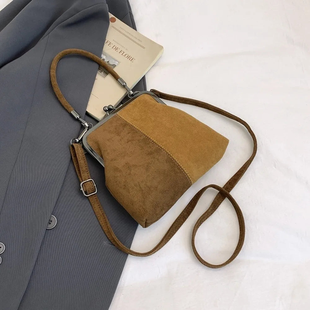 Large Capacity Retro Frosted Handbag Kiss Lock Short Handle Leather Crossbody Bag PU Clip Closure Clutch Shoulder Bag