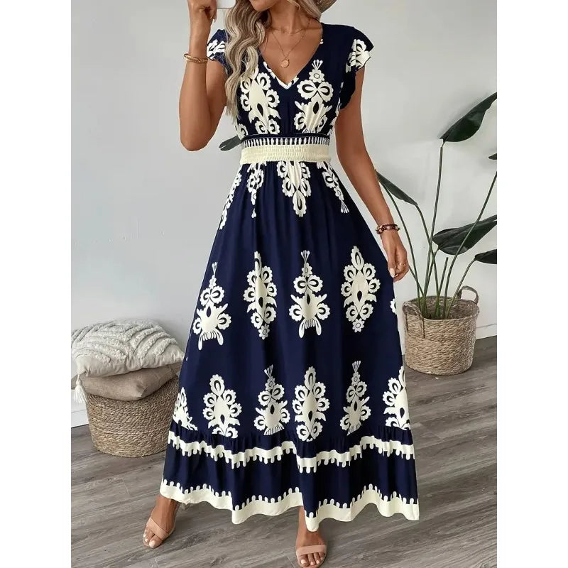 Plus Size New Women Fashion Floral Print V-Neck A-Line Dress with Ruffled Cap Sleeves Ladies Elegant Print Loose Summer Dress