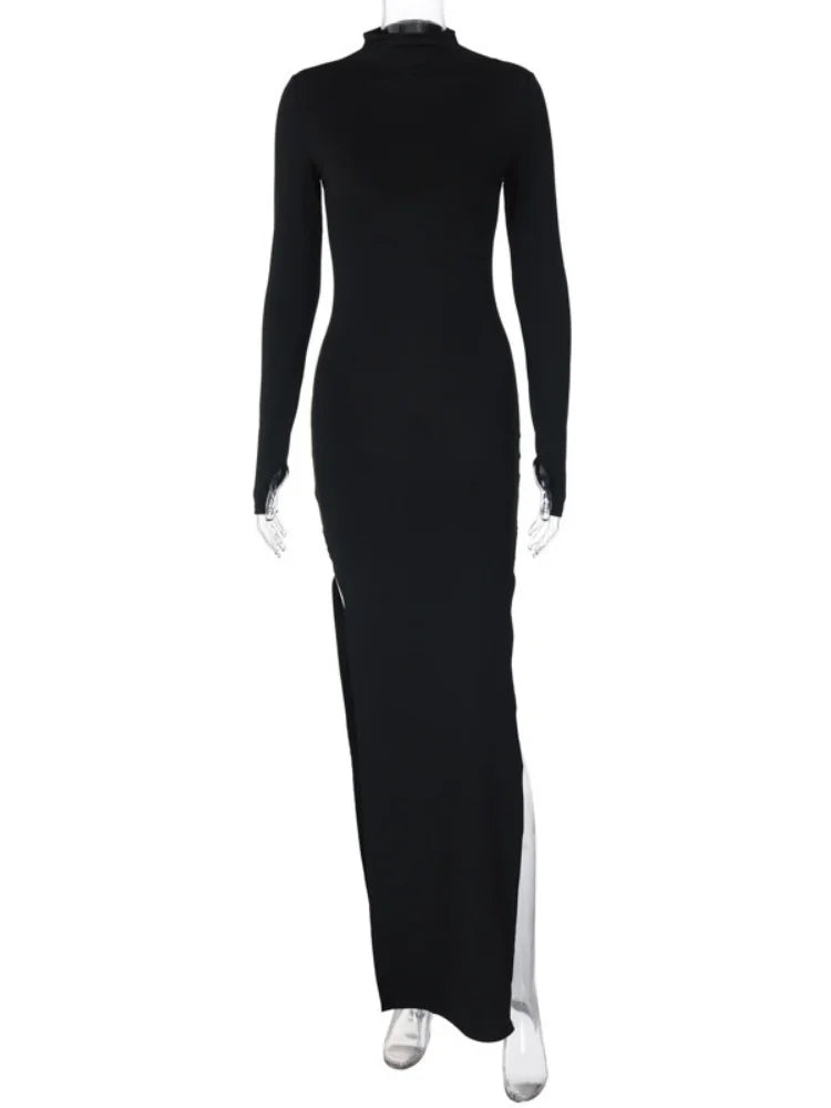 Bodycon Maxi Dresses For Women Turtleneck Vestidos Elegantes Para Mujer High Slit Robe Femme Été Slim Vintage Dress Long Sleeve
