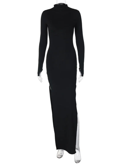 Bodycon Maxi Dresses For Women Turtleneck Vestidos Elegantes Para Mujer High Slit Robe Femme Été Slim Vintage Dress Long Sleeve