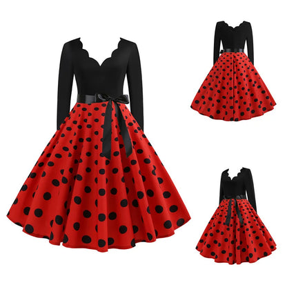Plus Size Women Dress Vintage Long Sleeve Polka Dot Spring Autumn New Year Party Dresses 3XL Vestidos