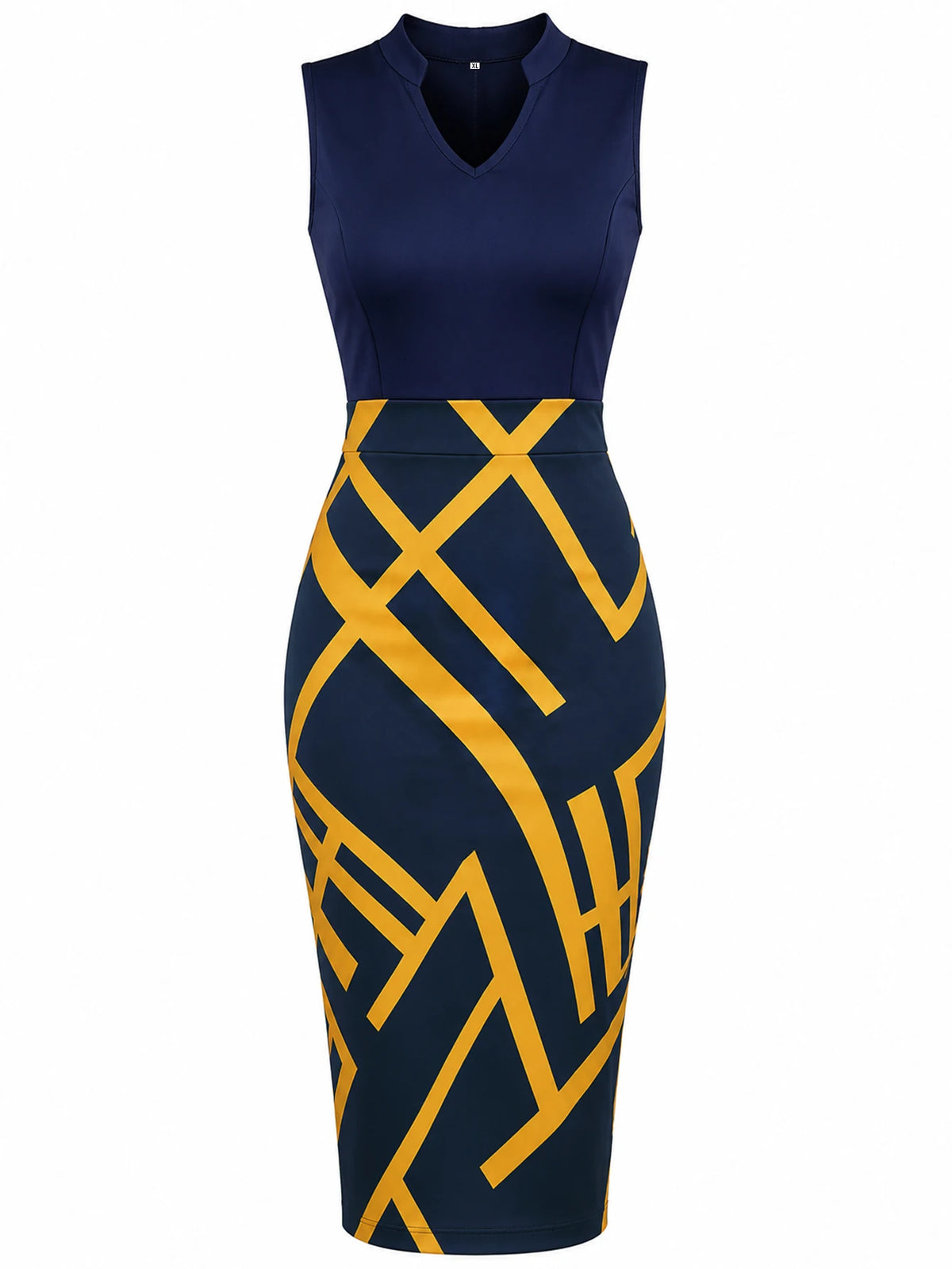 Womens Plus Size V Neck Sleeveless Elegant Business Casual Workwear Geometric Print Bodycon Knee Length Dress